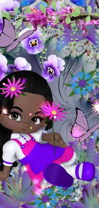 Vibrant cartoon wallpaper with butterflies and flowers.