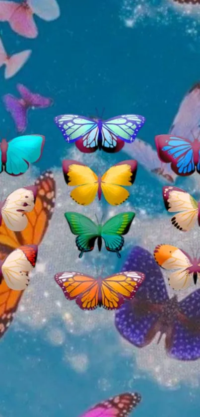 A vibrant wallpaper with colorful butterflies on a blue background.