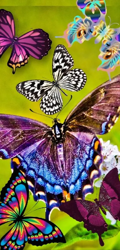 Vibrant butterfly collage on a green leafy background.