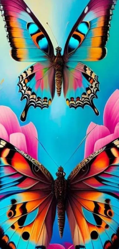 Colorful butterflies with pink flowers wallpaper.