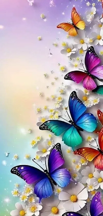 Colorful butterflies with floral background in a vibrant wallpaper design.