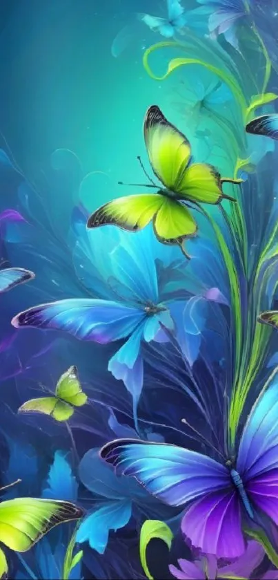 Vibrant butterfly wallpaper with vivid blues and greens.