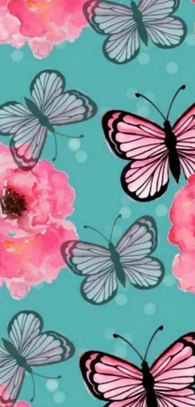 Turquoise background with pink flowers and butterflies.