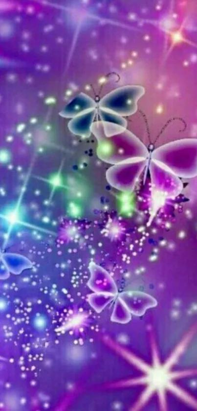 Colorful butterfly wallpaper with purple sparkles.