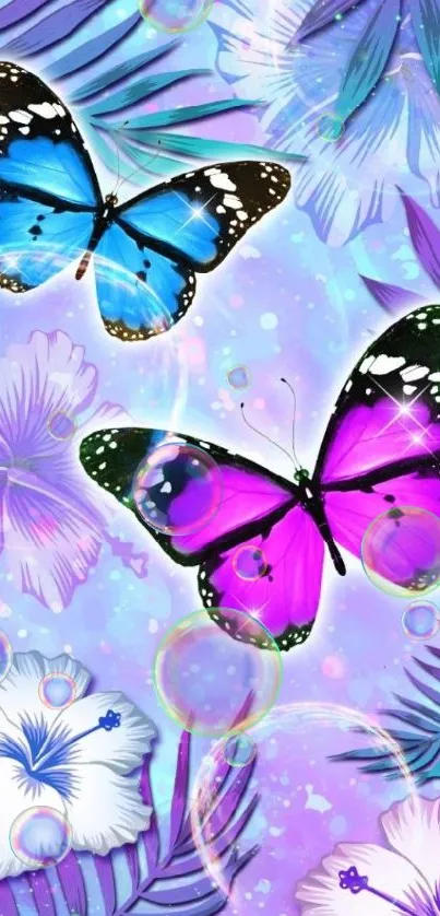 Colorful butterflies on floral background wallpaper.