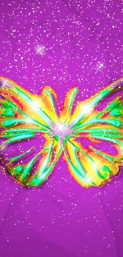 Vibrant neon butterfly on purple background wallpaper.