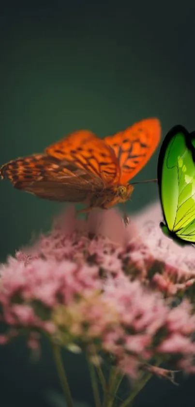 Vivid orange butterfly on pink flowers with a blurred green background.