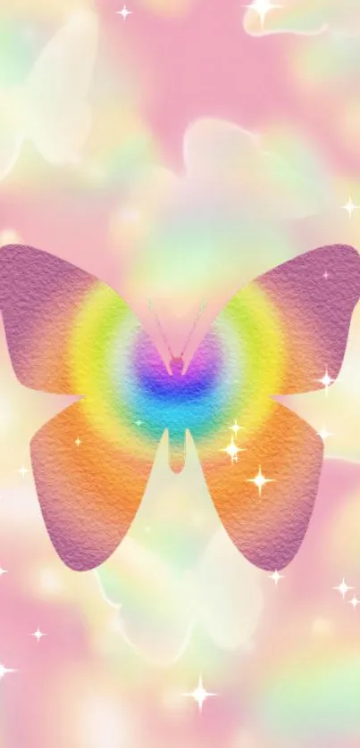 A dreamy pastel pink wallpaper with a colorful rainbow butterfly.