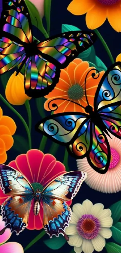 Colorful butterflies with vibrant flowers on a dark background.