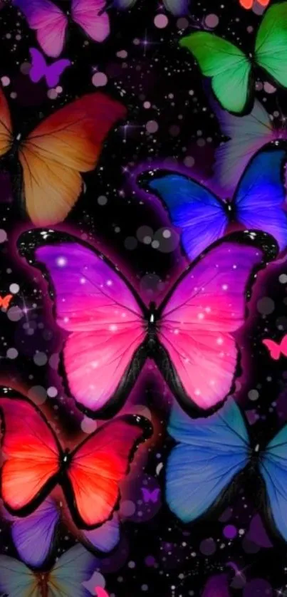 Colorful neon butterflies on dark background art.