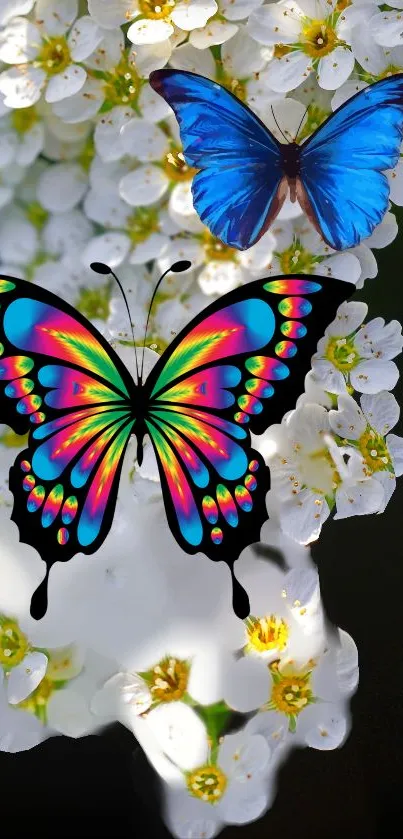 Colorful butterflies on white flowers, vibrant mobile wallpaper.