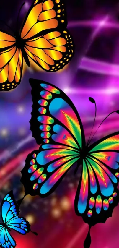 Vibrant neon butterfly wallpaper with colorful designs on a purple background.