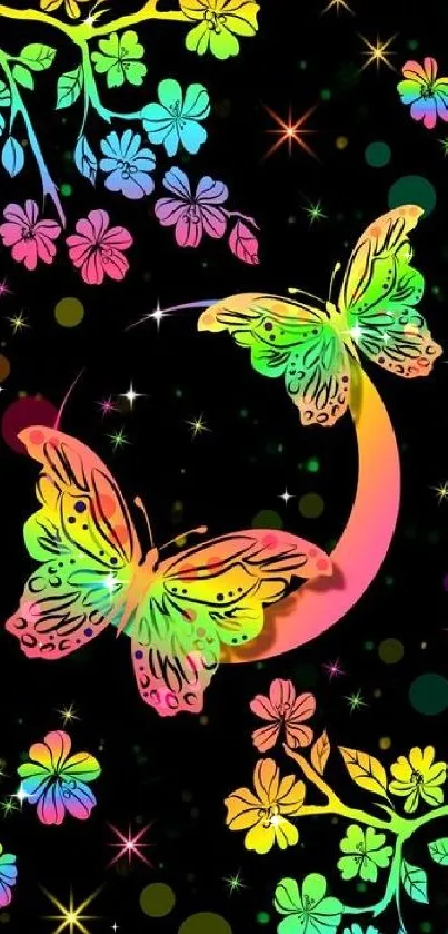 Colorful butterflies and flowers on a dark background wallpaper.