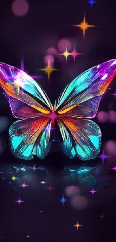 Colorful butterfly with sparkling stars on a vibrant purple background.