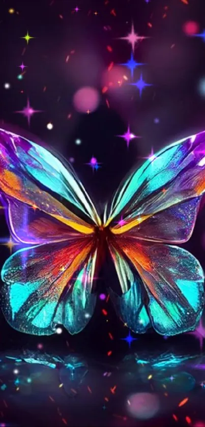 Vibrant and colorful butterfly artwork on a dark background.