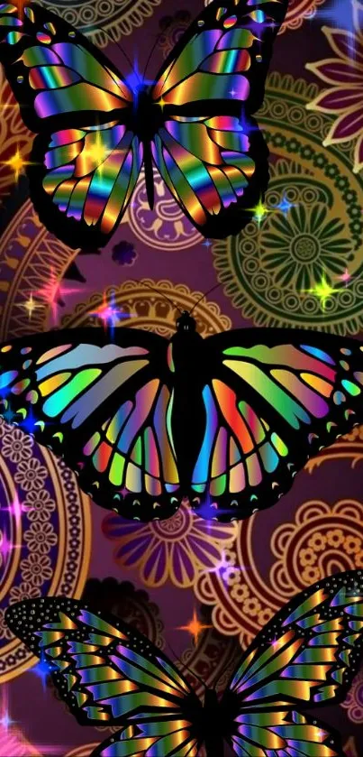 Colorful butterflies on a vibrant mandala background wallpaper.