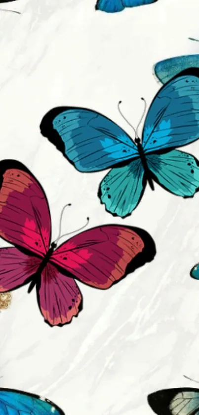 Blue and pink butterflies on a marble textured background.