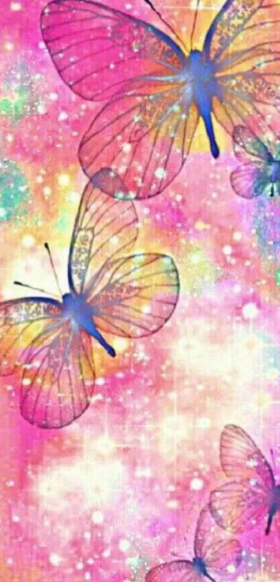 Colorful butterfly wallpaper with pink dreamy background.