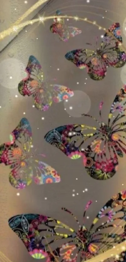 Colorful butterflies on a beige wallpaper with floral patterns.