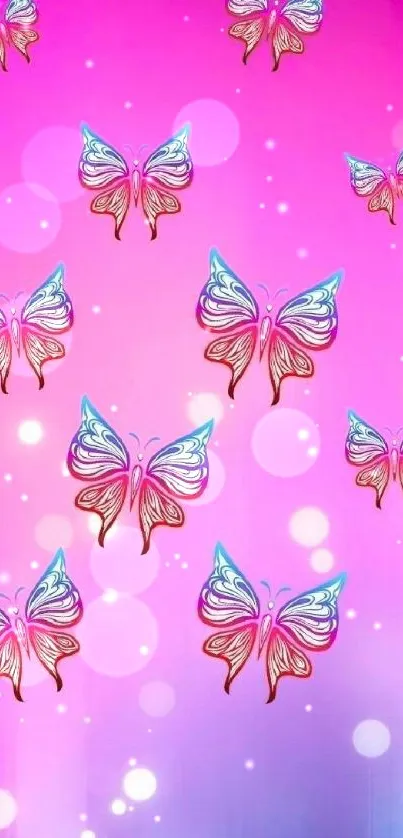 Mobile wallpaper with pink gradient and decorative butterflies.