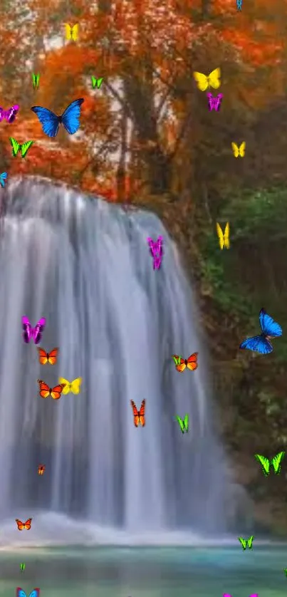 Colorful butterflies flutter around a waterfall with vibrant autumn leaves.