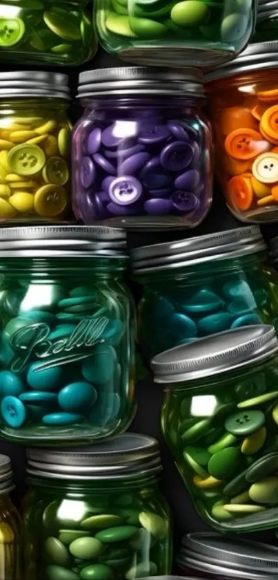 Colorful jars filled with assorted buttons in a vibrant display.