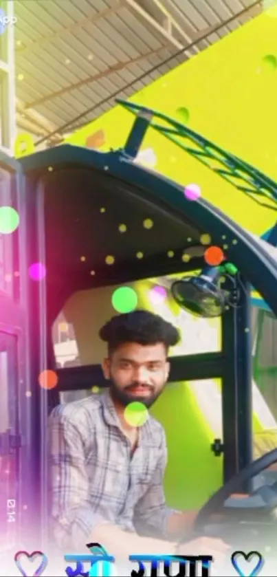 Person in cab with vibrant colorful dots.