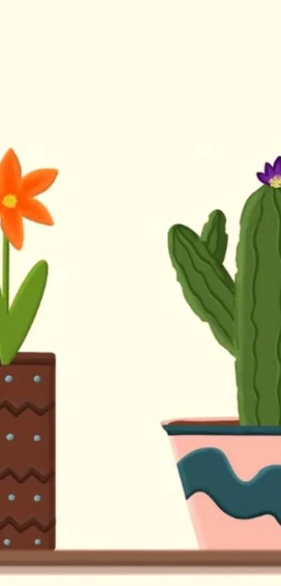 Colorful cactus and flower illustration on a cream background.