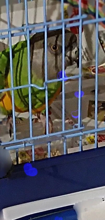 A colorful parrot in a blue cage, with green and yellow feathers.