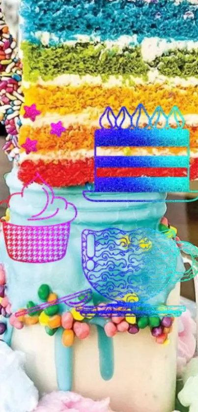 Colorful rainbow cake atop ice cream with artistic design elements.