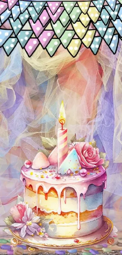 Festive pastel cake with a lit candle and colorful decor.