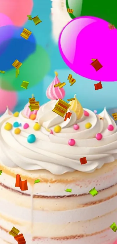 Festive mobile wallpaper with cake and balloons.
