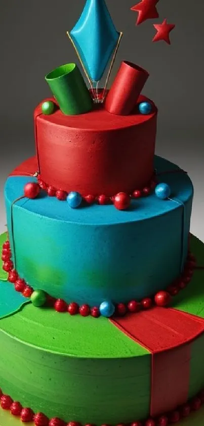 Vibrant three-tier cake with festive decorations and bold colors.