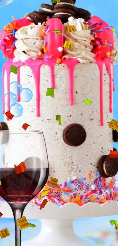 Whimsical cake wallpaper with sprinkles, bubbles, and a glass of wine.
