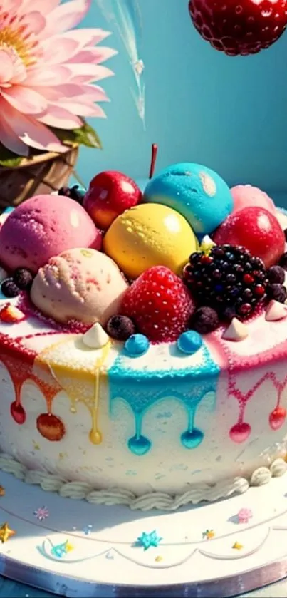 Colorful cake with fruit and drizzled icing on blue background.