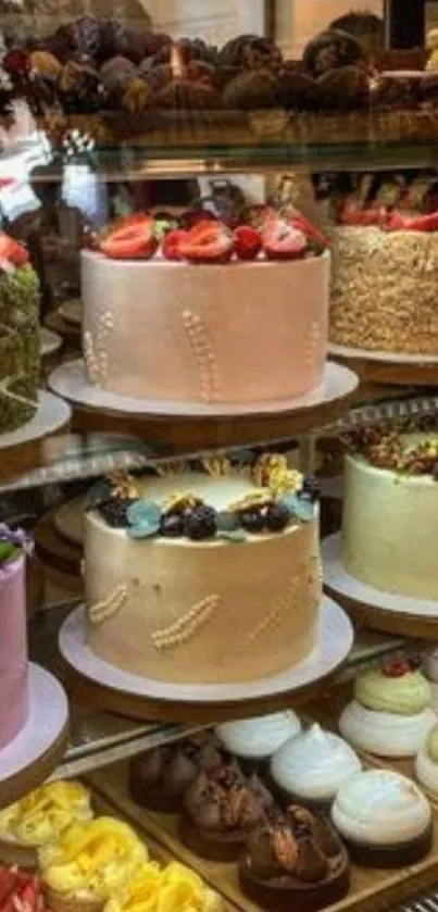 Beautifully decorated cakes in a bakery display case.