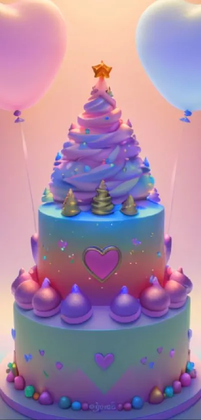 Fantasy-themed cake with pastel colors and heart-shaped balloons.
