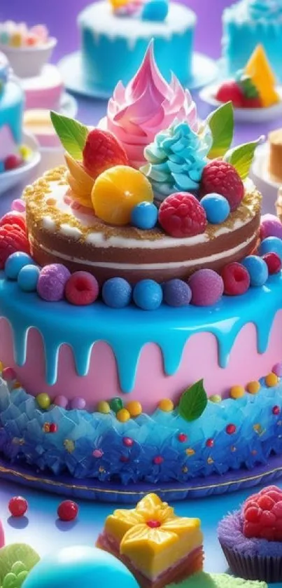 Vibrant dessert-themed cake wallpaper with colorful decorations.
