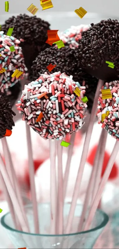 Colorful cake pops in a decorative glass bowl.