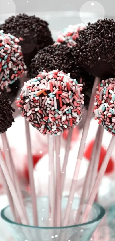 Chocolate cake pops with sprinkles in a glass bowl.
