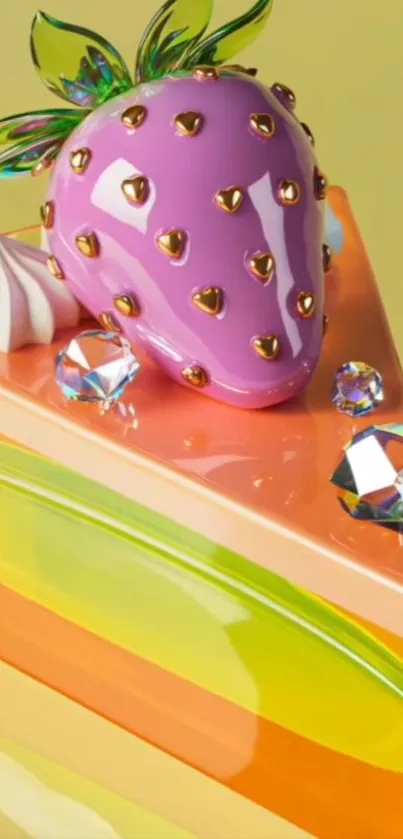 Colorful cake slice with purple strawberry decoration.