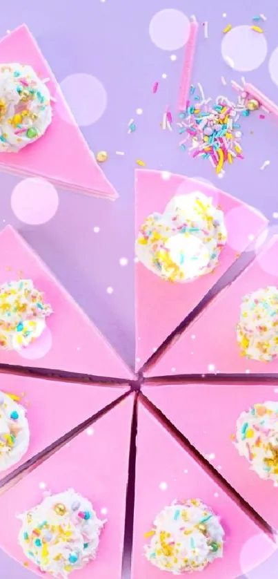 Pink cake slices with sprinkles and whipped cream on pastel background.