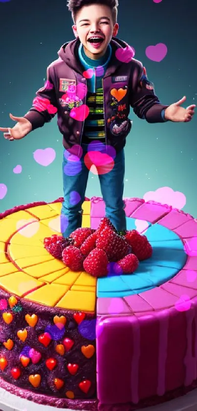 Child joyfully stands on colorful cake with vibrant fruit and heart decor.