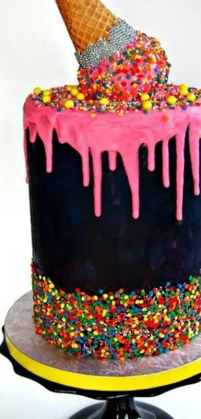 Colorful cake with sprinkles and ice cream cone topping.