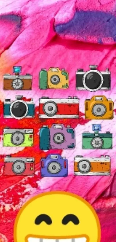 Colorful camera illustrations on a vibrant, red textured background.