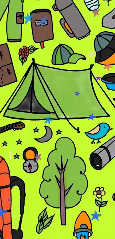 Camping gear and tent on vibrant green background wallpaper.