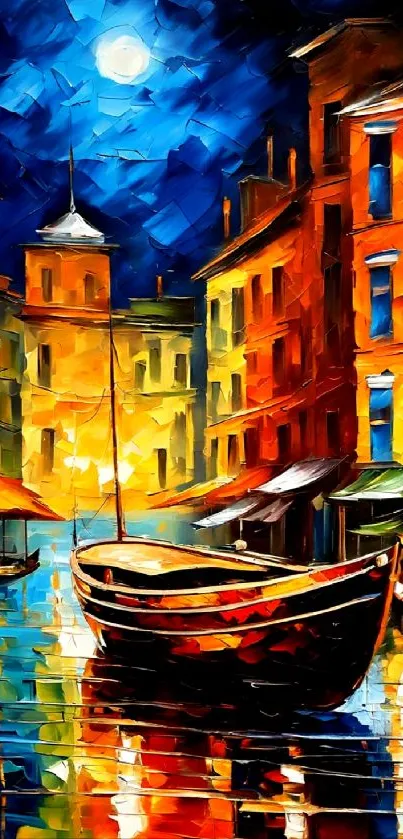 Artistic nighttime canal scene with vibrant colors and reflections.