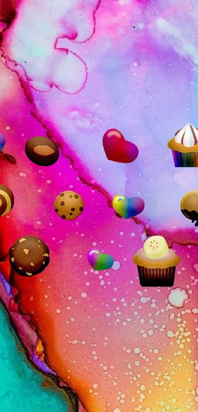 Vibrant abstract wallpaper with candy emojis and cupcakes on a pink background.