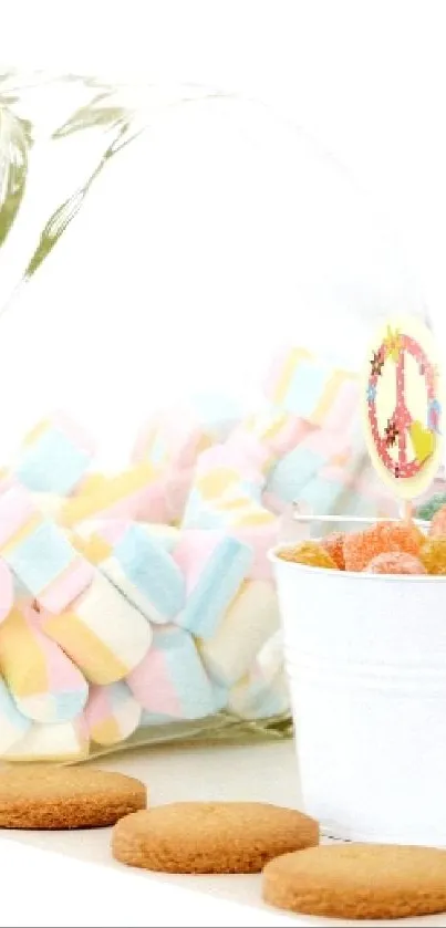 Vibrant candy jar with flowers and cookies