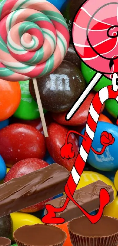 Vibrant mobile wallpaper with colorful candies and lollipops.